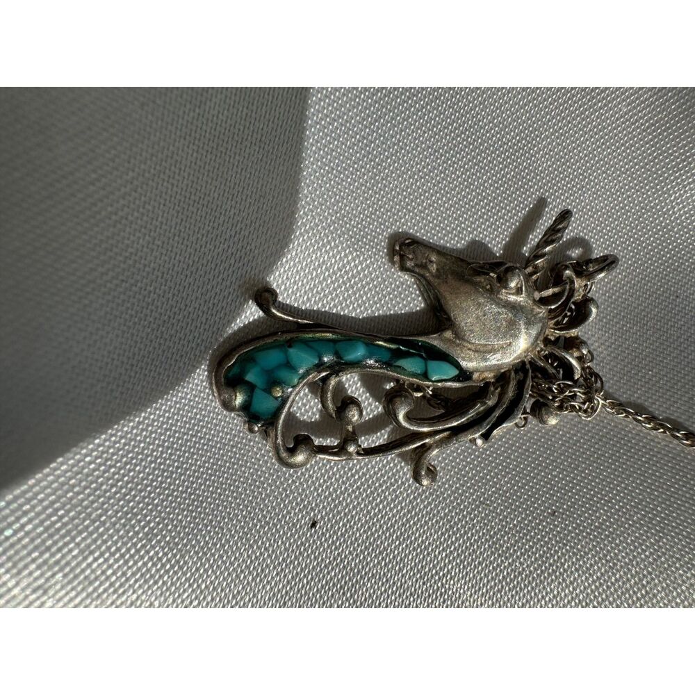 Vintage sterling silver Unicorn necklace with inlaid turquoise